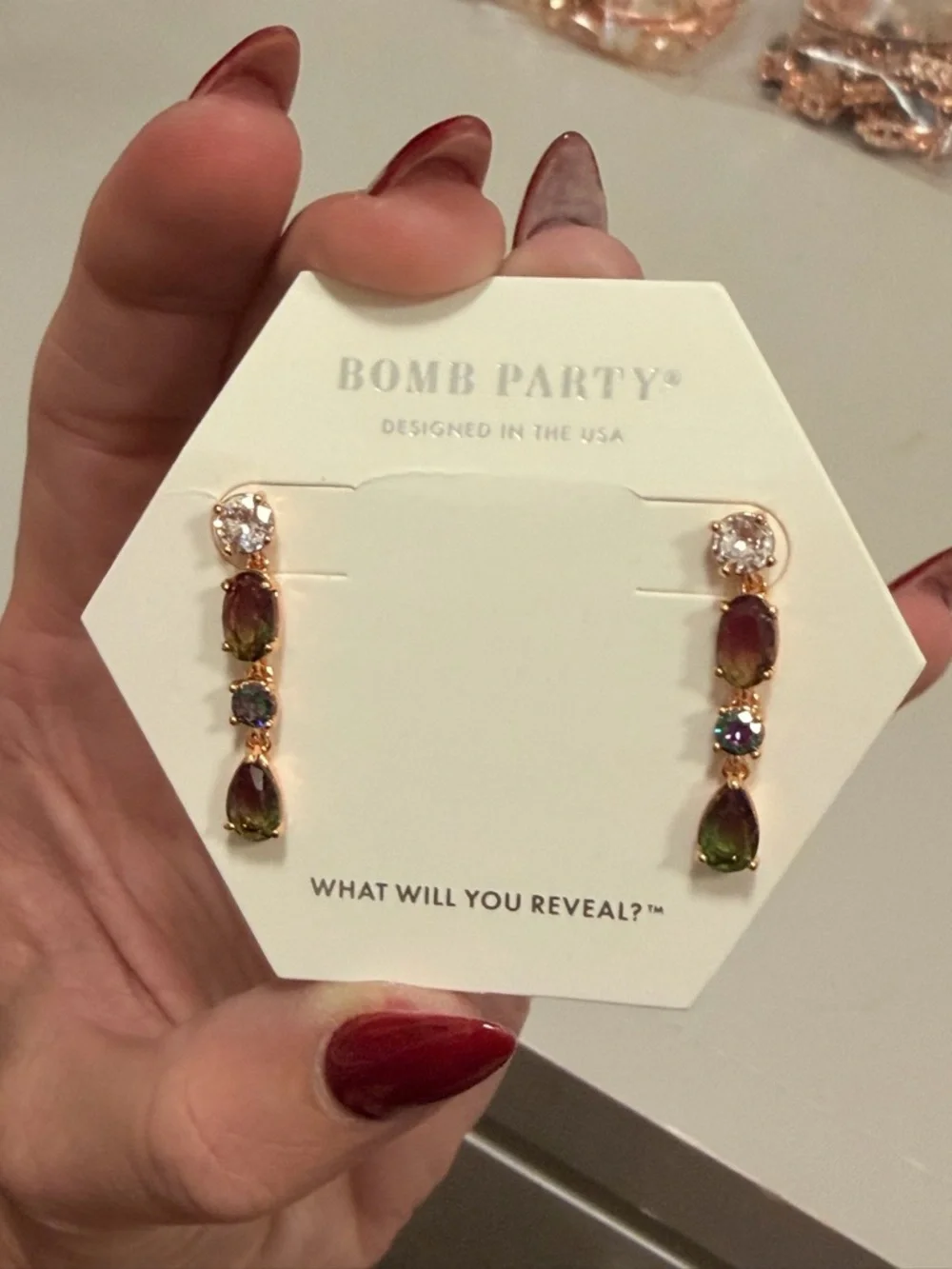 BOMB PARTY Gold-Tone Green & Iridescent Drop Earrings - Picture 5 of 8